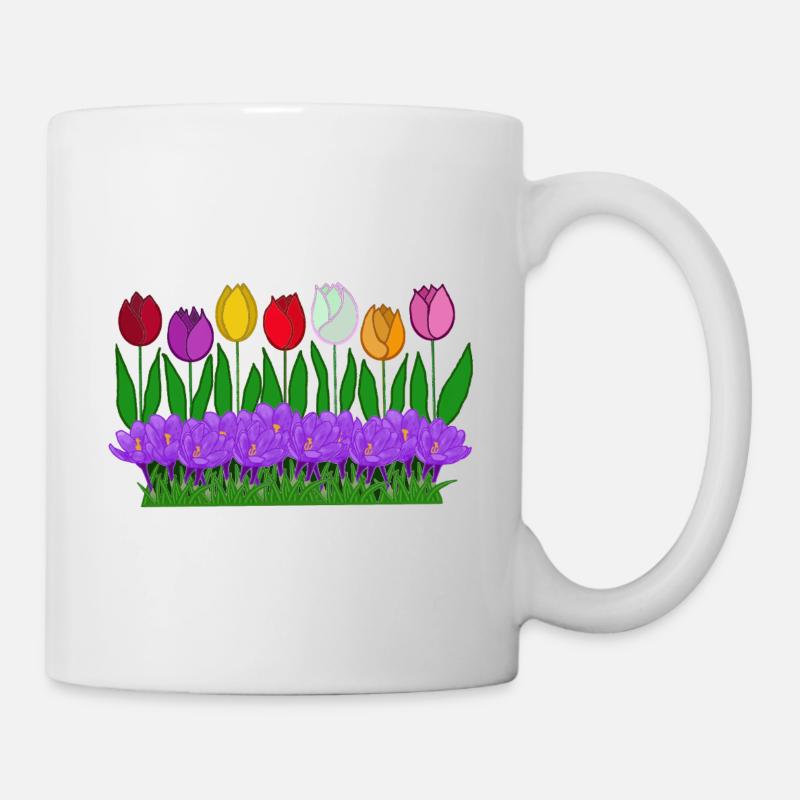 Frühlingsblumen, Tulpen, Krokusse - Tasse - Weiß