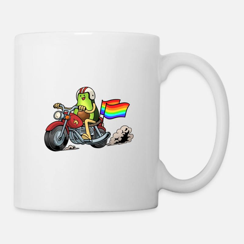 Regenbogenreise mit der Avocado auf dem Motorrad - Tasse - Weiß