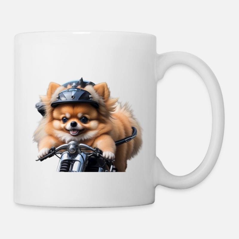 Pomeranian Zwergspitz auf Motorrad - einfach - Tasse - Weiß