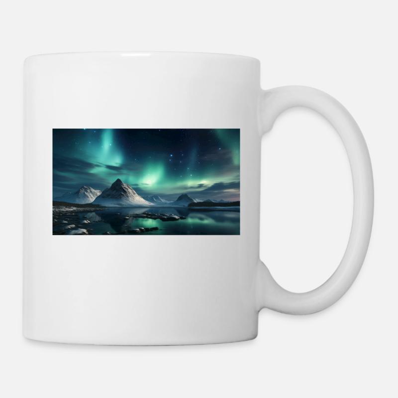 Nuit polaire avec aurores boréales dans le panorama d’hiver - Mug blanc - blanc