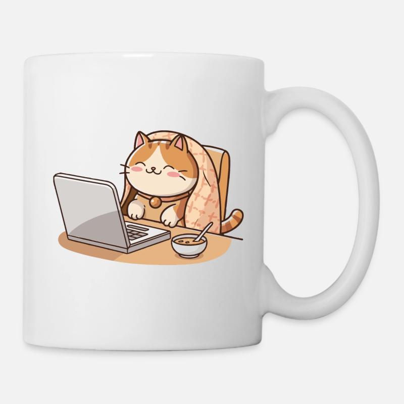Chaton sur ordinateur portable avec couverture et petit-déjeuner - Mug blanc - blanc