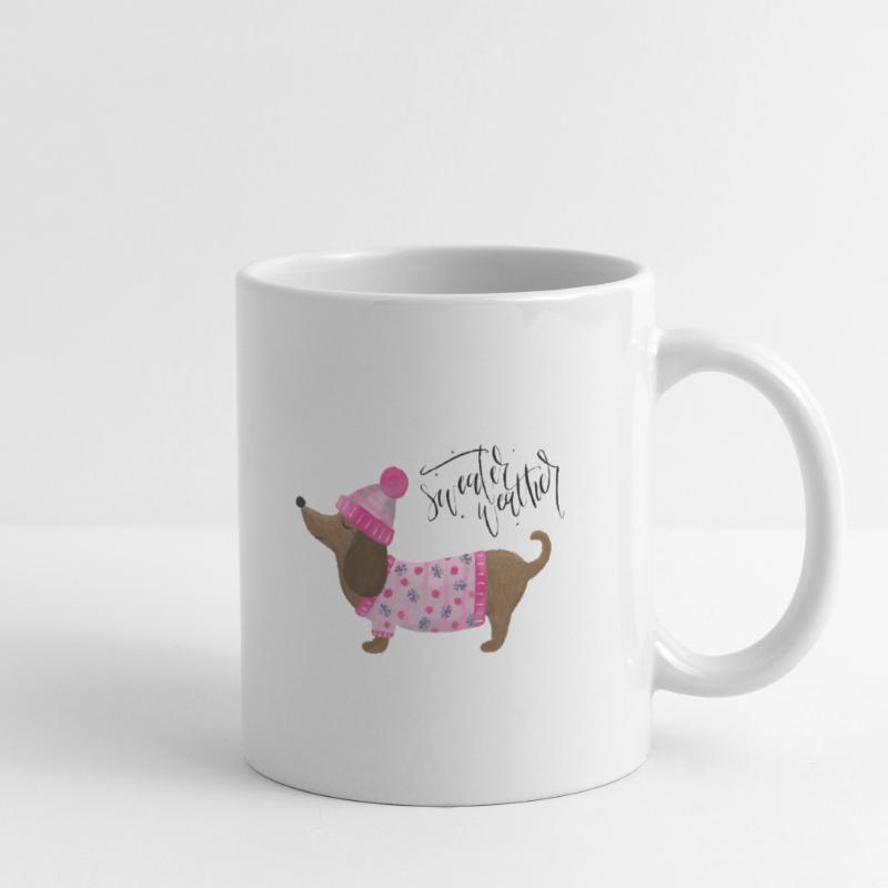 Teckel avec pull et chapeau Pull Météo rose Mug blanc