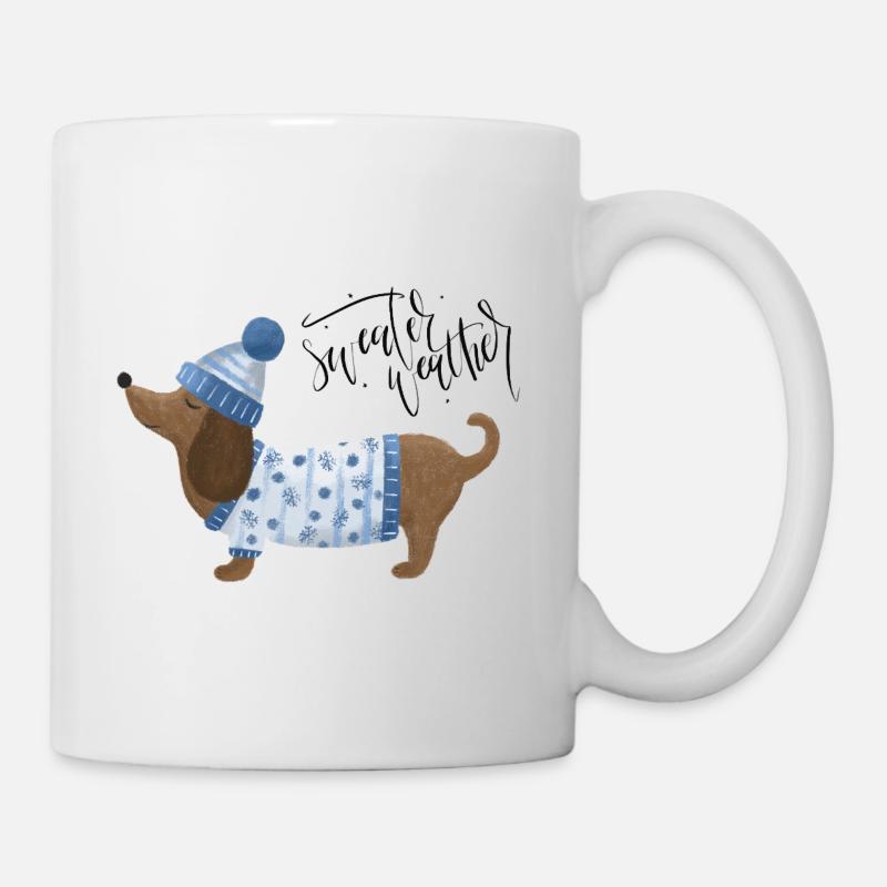 Dackel mit Pullover und Mütze Sweater Weather blau - Tasse - Weiß