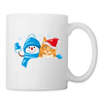 Peeking waving snowman and cute ginger cat - Mug - white - Right