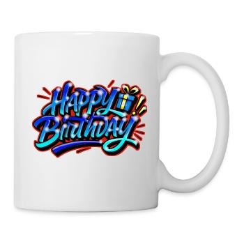Herzlichen Glückwunsch zum Geburtstag Graffiti BLAU ROT - Tasse - Weiß - Rechts