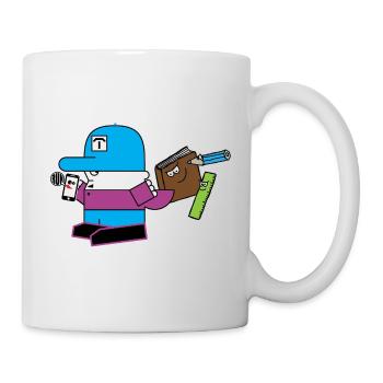 Blaues Maskottchen mit Schreibwaren-Sidekick - Tasse - Weiß - Rechts
