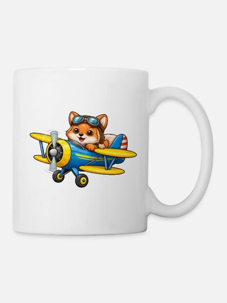 Fuchs Pilot Doppeldecker Flugzeug Cartoon   - Tasse - Weiß
