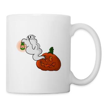 Ghost with lantern over pumpkin - Mug - white - Right