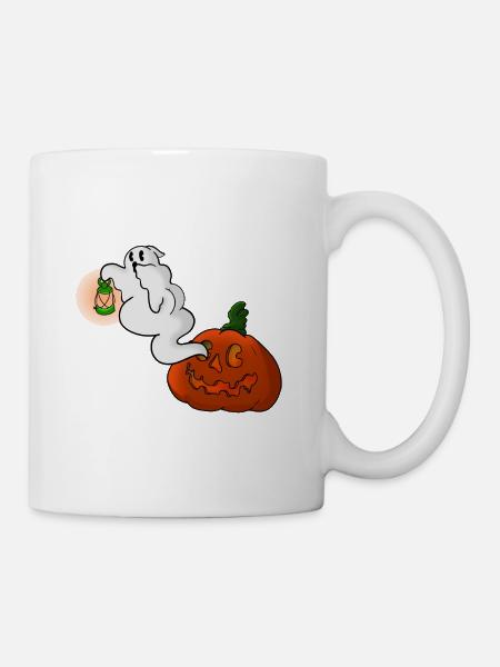 Ghost with lantern over pumpkin - Mug - white