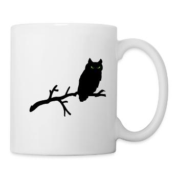 Grimme Eule Silhouette mit grünen Augen auf Ast - Tasse - Weiß - Rechts