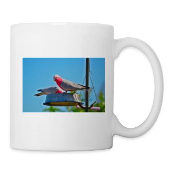 A Pair of Pink And Grey Galahs Feeding In A Garden - Mug - white - Right