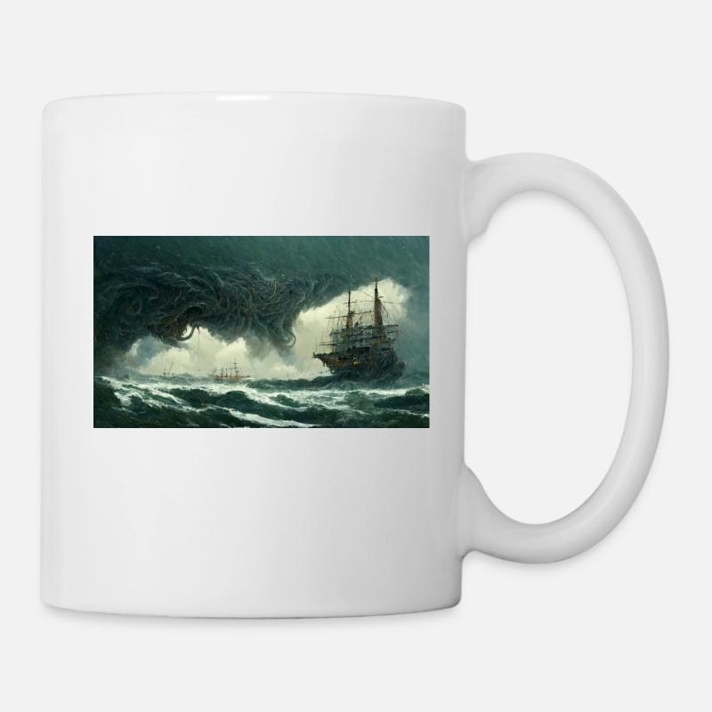 Sailing ship against sea monster - Mug - white