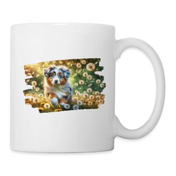 Playful Australian Shephe puppy on a dandelion meadow - Mug - white - Right
