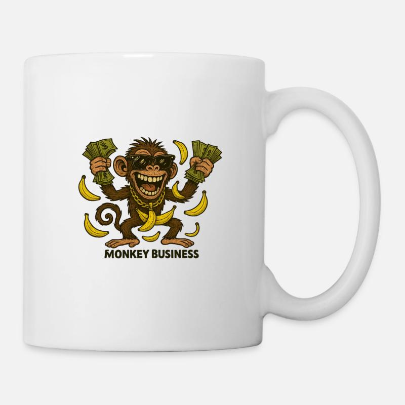 Drôle de singe avec de l’argent et des bananes - Mug blanc - blanc
