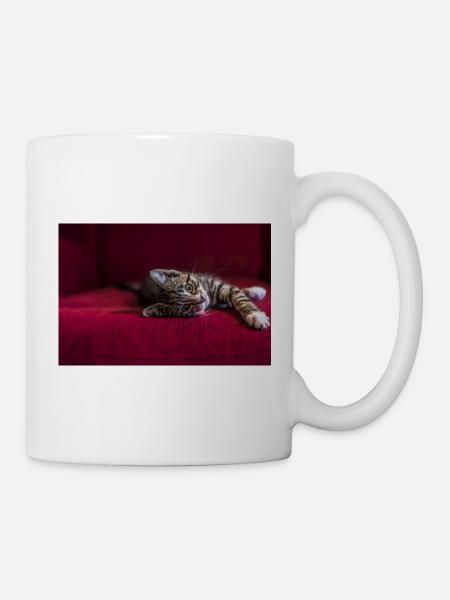 Süße getigerte Babykatze, liegend, Fotografie - Tasse - Weiß