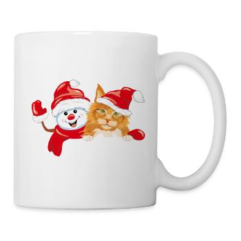 Winkender glücklicher Schneemann und rote Katze - Tasse - Weiß - Rechts