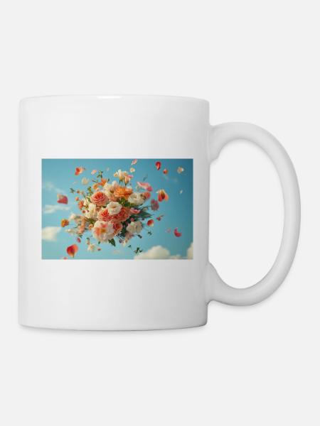 Schwebender Blumenkorb im Wolkenhimmel - Tasse - Weiß