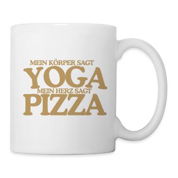 Yoga oder Pizza Lustiger Retro Spruch Design - Tasse - Weiß - Rechts