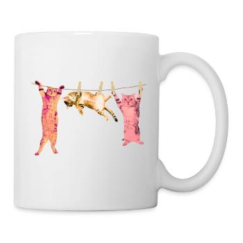 Katze T-Shirt spaßig Wäscheleine Tiermotiv - Tasse - Weiß - Rechts