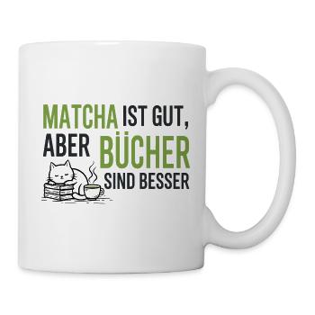 Cozy Bücher & Matcha Katze T-Shirt Geschenk - Tasse - Weiß - Rechts