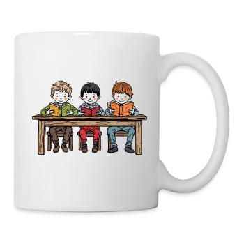 Three boys at the table reading a book – friendship - Mug - white - Right