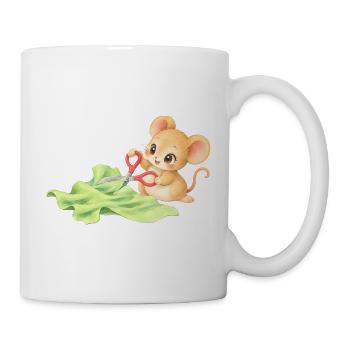 Maus - Niedliches Mäuschen schneidet Stoff - Tasse - Weiß - Rechts