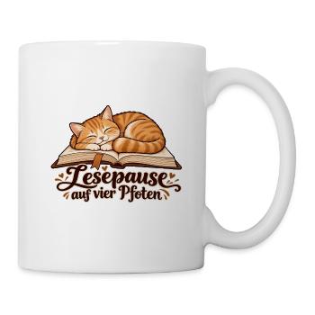 Katze auf dem Buch: Lesepause auf vier Pfoten - Tasse - Weiß - Rechts