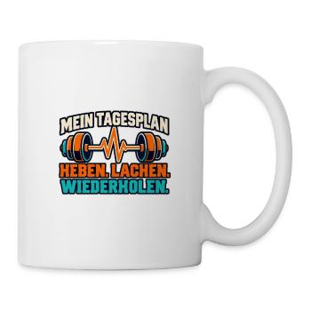 Fitness Tagesplan – Heben lachen wiederholen - Tasse - Weiß - Rechts