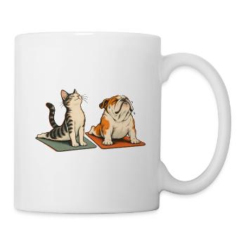 Bulldogge und Katze beim Yoga – Tierisches Duo - Tasse - Weiß - Rechts