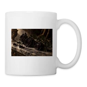 Schwarze Rosen im dunklen Barock-Stillleben - Tasse - Weiß - Rechts