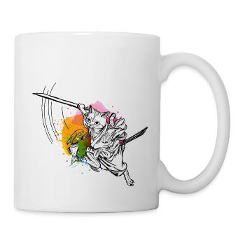 Süße Samurai Katze mit Schwert und Fisch, Farben - Tasse - Weiß - Rechts