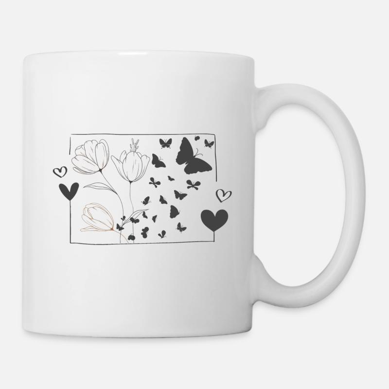 Papillon papillon oiseau fleurs tulipes coeur - Mug blanc - blanc