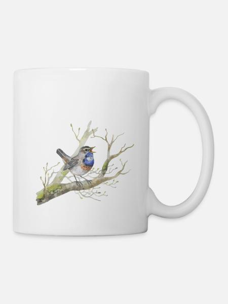 Blaukehlchen auf Zweig Liebevoll Aquarellzeichnung - Tasse - Weiß