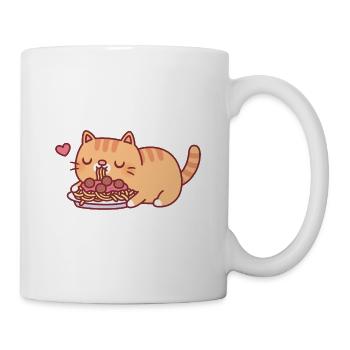 Niedliche mollige orange getigerte Katze, die Spaghetti in der Vergangenheit isst - Tasse - Weiß - Rechts