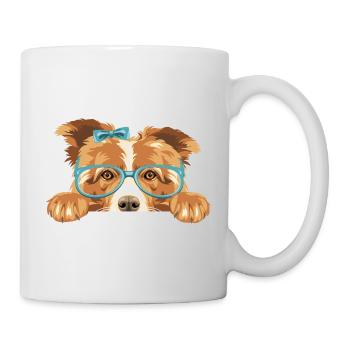 Peeking Border Collie dog with bow and eyeglasses - Mug - white - Right