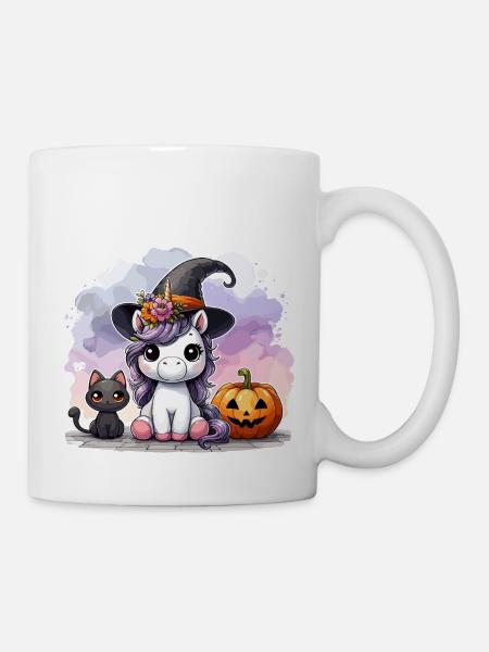 Halloween Einhorn Hexenhut Katze Niedlich Kürbis - Tasse - Weiß