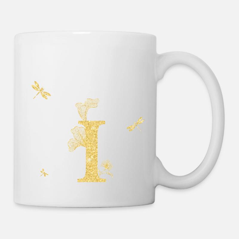 Buchstabe i Goldene Glitzerlibelle - Geschenkidee - Tasse - Weiß