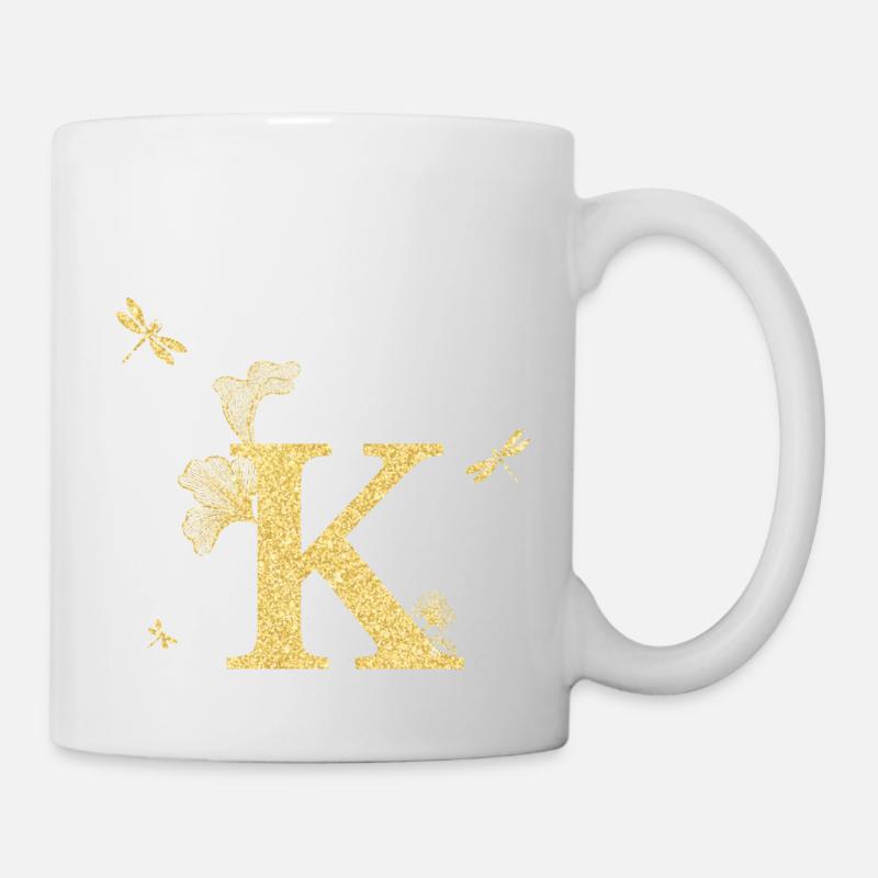 Buchstabe k Goldene Glitzerlibelle - Geschenkidee - Tasse - Weiß