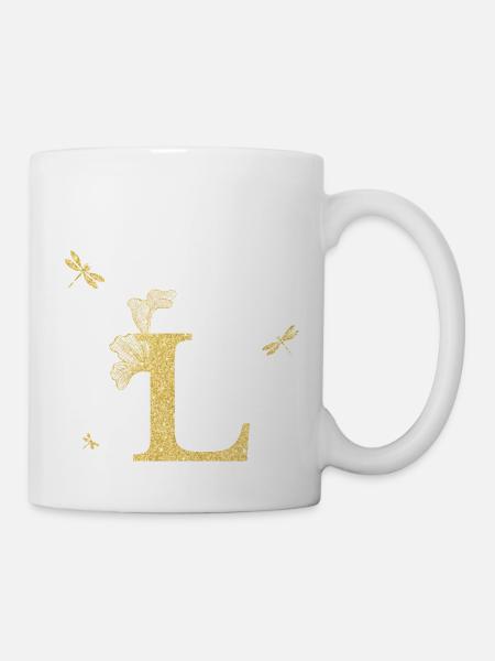 Buchstabe l Goldene Glitzerlibelle - Geschenkidee - Tasse - Weiß