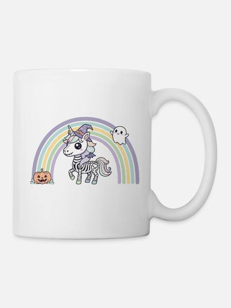BOHO Skelett‑Einhorn mit Regenbogen – Halloween  - Tasse - Weiß