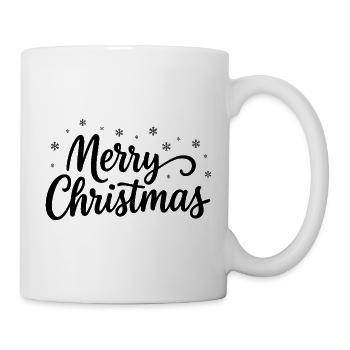 Merry-Christmas Schriftzug mit Schneeflocken - Tasse - Weiß - Rechts