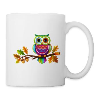 Bunte Eule auf Ast mit Herbstblättern - Tasse - Weiß - Rechts