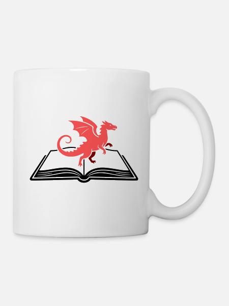 Drache auf Buch Fantasy - Tasse - Weiß