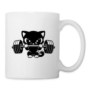 Cute cat lifts heavy dumbbell - Mug - white - Right