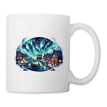 Nordisches Dorf bei Nacht unter dem Polarlicht - Tasse - Weiß - Rechts