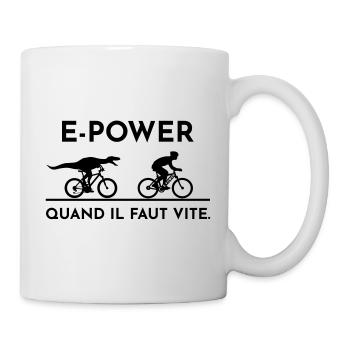 Un vélociraptor poursuit un cycliste électrique - Mug blanc - blanc - Droite