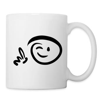 Gesicht zwinkert zeigt mit Finger auf etwas - Tasse - Weiß - Rechts