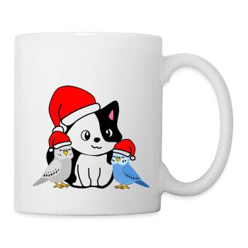 Weihnachten - Festliche Tierfreunde - Katze & Wellensittiche - Tasse - Weiß - Rechts