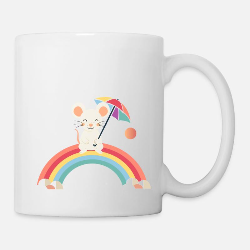 Fröhliche Maus mit Schirm auf Regenbogen - Tasse - Weiß