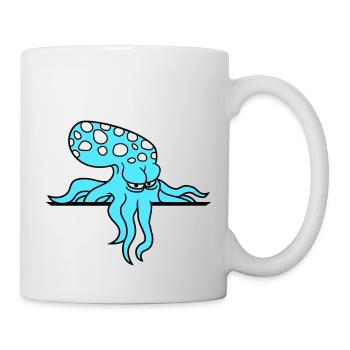 Oktopus hinter Mauer Zaun Schild Tasche guckt böse - Tasse - Weiß - Rechts